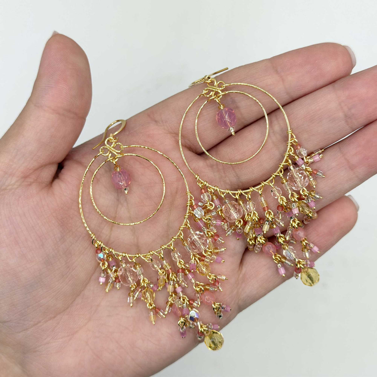 Pink Blush Fire Polished Bead Chandelier Earrings Gold Tone Stainless Steel Double Hoop Boho Dangle Statement Jewelry Handmade Gift