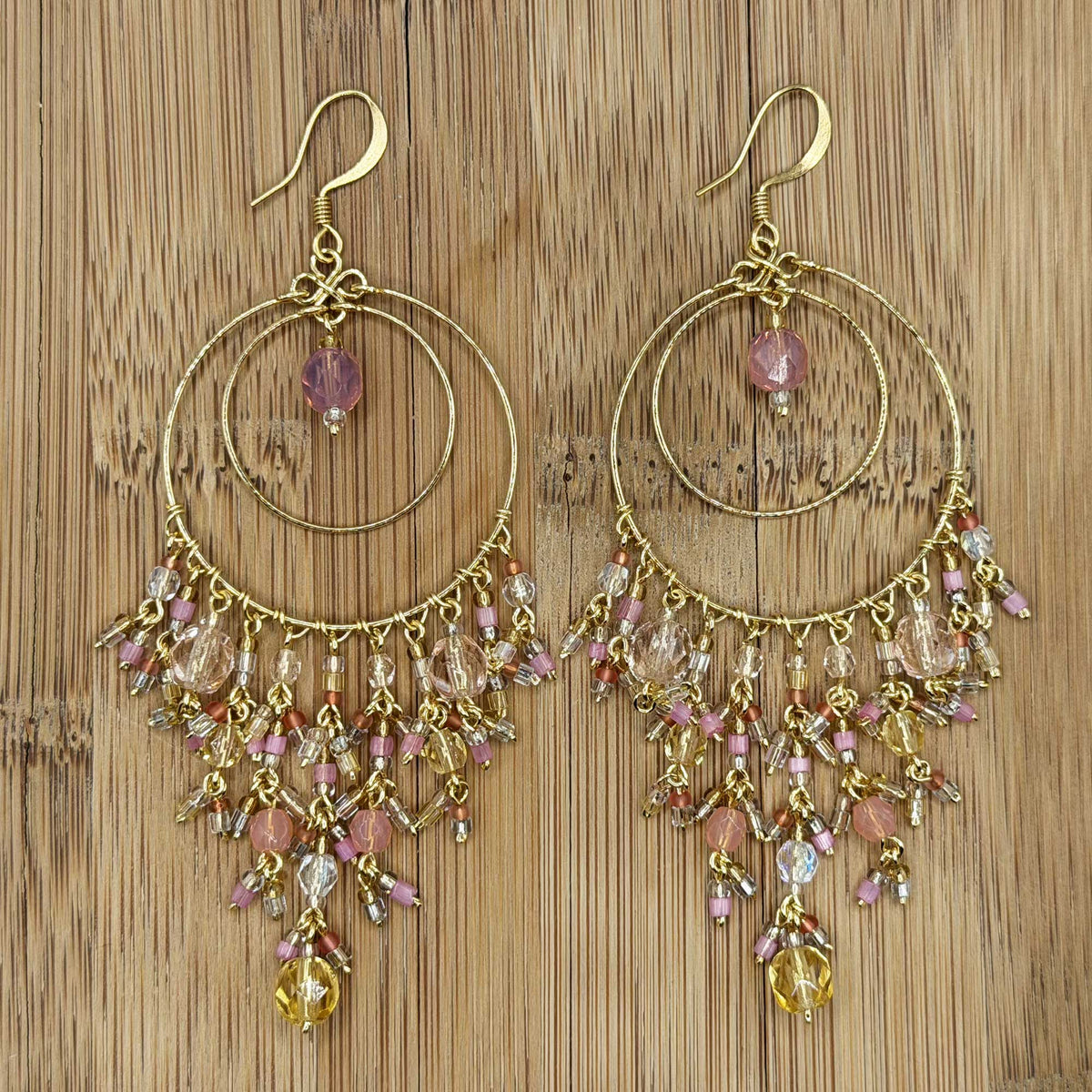 Pink Blush Fire Polished Bead Chandelier Earrings Gold Tone Stainless Steel Double Hoop Boho Dangle Statement Jewelry Handmade Gift