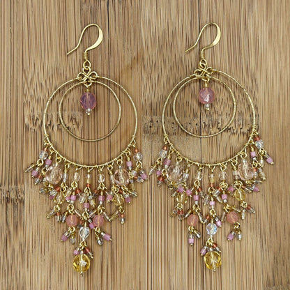 Pink Blush Fire Polished Bead Chandelier Earrings Gold Tone Stainless Steel Double Hoop Boho Dangle Statement Jewelry Handmade Gift