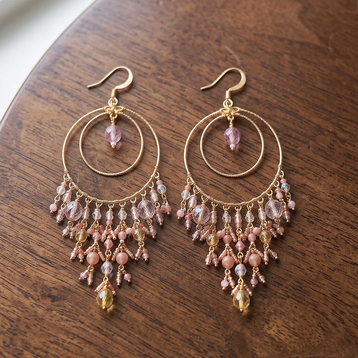 Pink Blush Fire Polished Bead Chandelier Earrings Gold Tone Stainless Steel Double Hoop Boho Dangle Statement Jewelry Handmade Gift