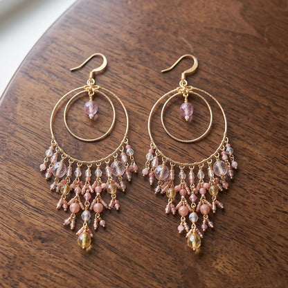 Pink Blush Fire Polished Bead Chandelier Earrings Gold Tone Stainless Steel Double Hoop Boho Dangle Statement Jewelry Handmade Gift