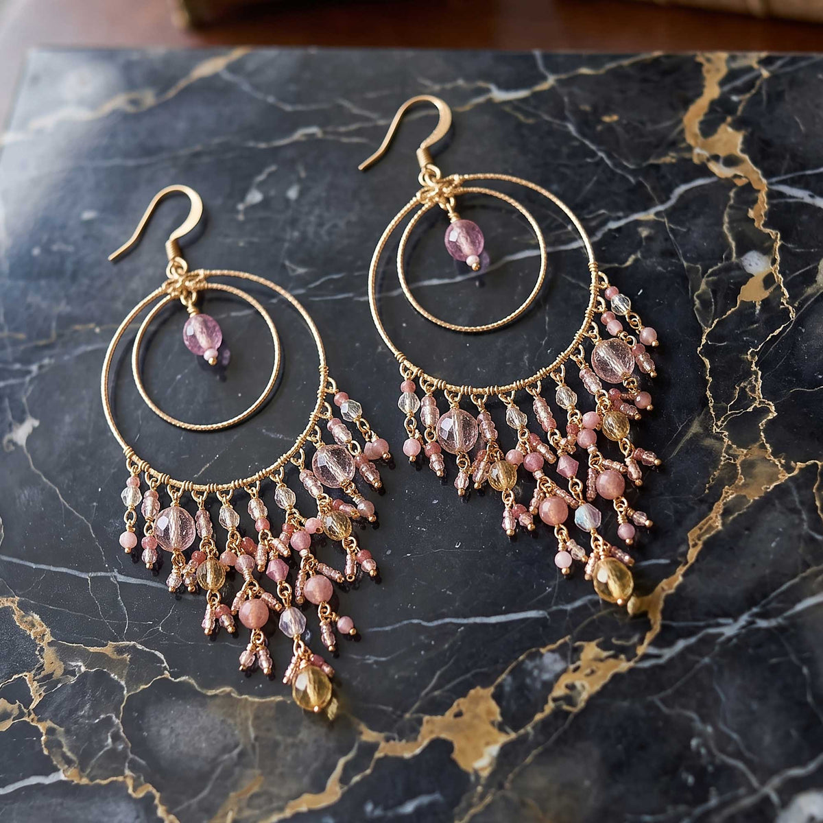 Pink Blush Fire Polished Bead Chandelier Earrings Gold Tone Stainless Steel Double Hoop Boho Dangle Statement Jewelry Handmade Gift