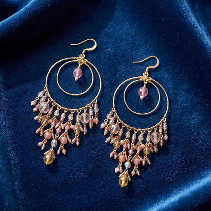 Pink Blush Fire Polished Bead Chandelier Earrings Gold Tone Stainless Steel Double Hoop Boho Dangle Statement Jewelry Handmade Gift