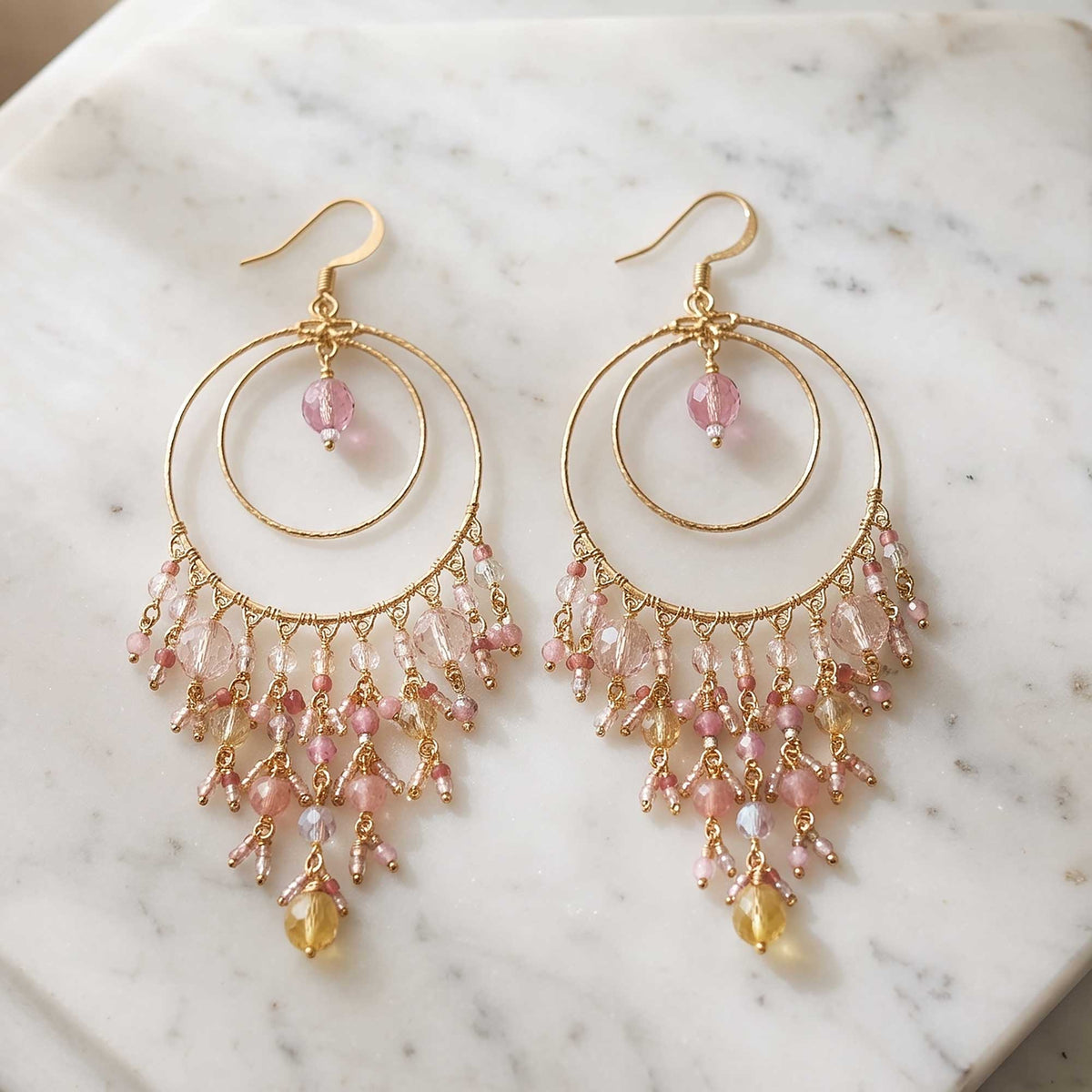 Pink Blush Fire Polished Bead Chandelier Earrings Gold Tone Stainless Steel Double Hoop Boho Dangle Statement Jewelry Handmade Gift