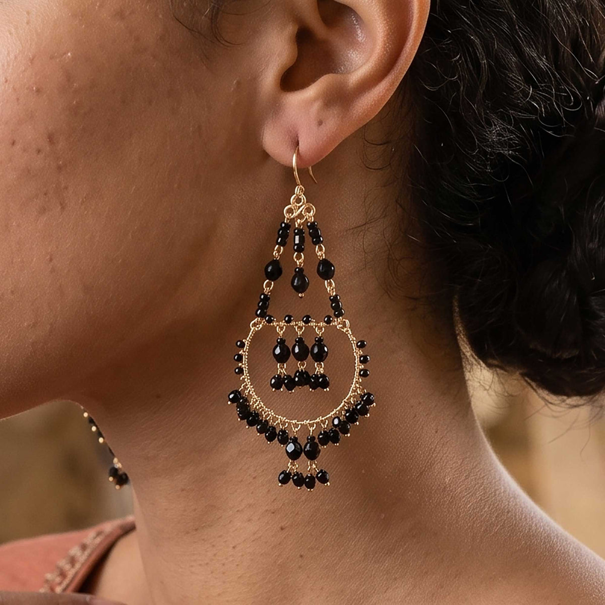 Black Stainless Steel Fire Polished Bead Double Hoop Chandelier Earrings - Gem Avenue Retail