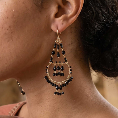 Black Stainless Steel Fire Polished Bead Double Hoop Chandelier Earrings - Gem Avenue Retail