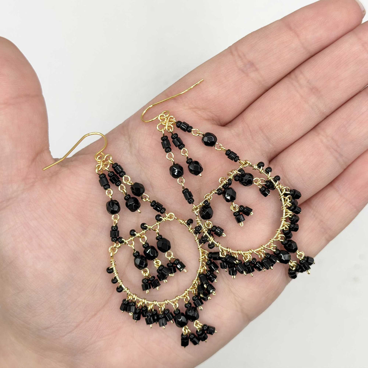 Black Stainless Steel Fire Polished Bead Double Hoop Chandelier Earrings - Gem Avenue Retail