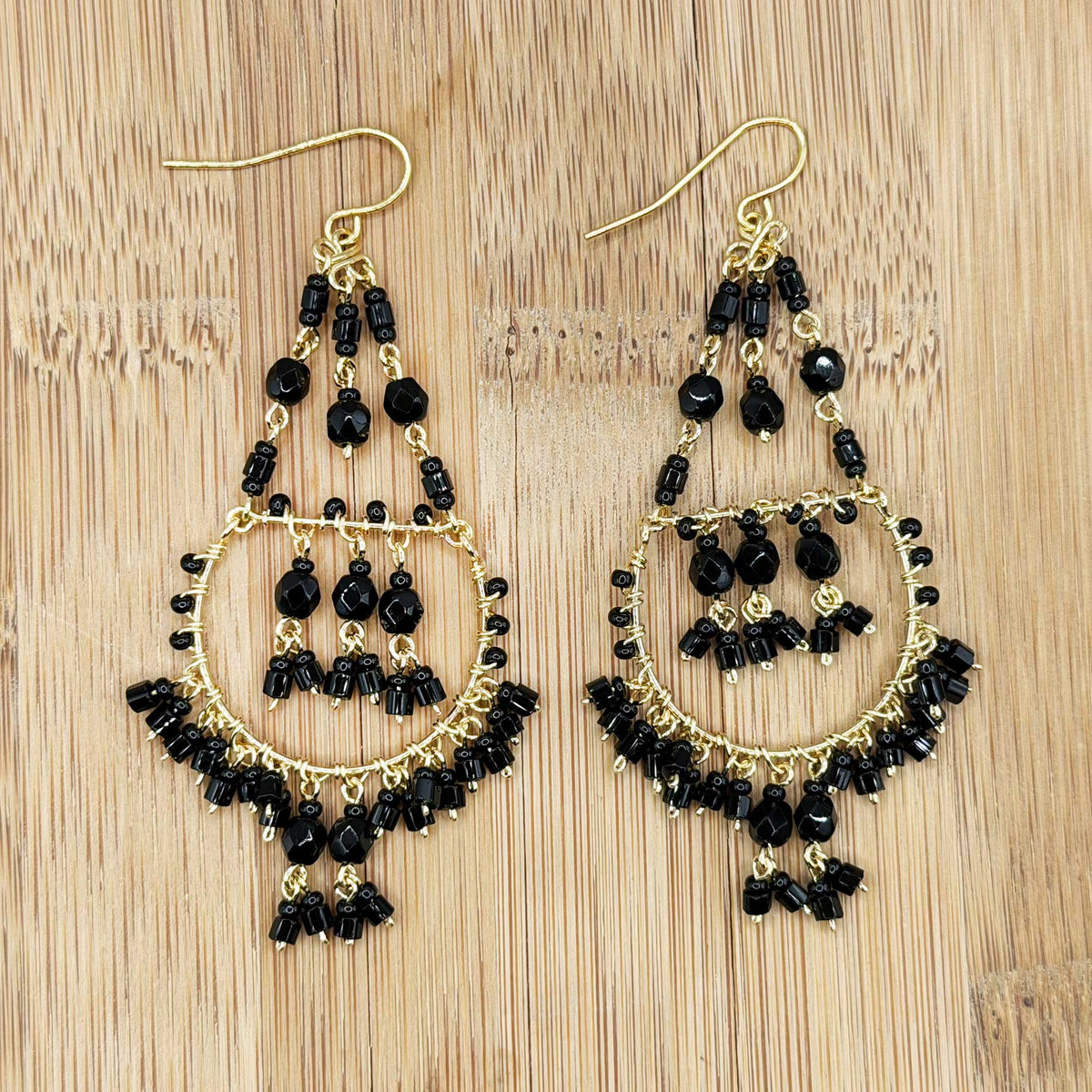 Black Stainless Steel Fire Polished Bead Double Hoop Chandelier Earrings - Gem Avenue Retail
