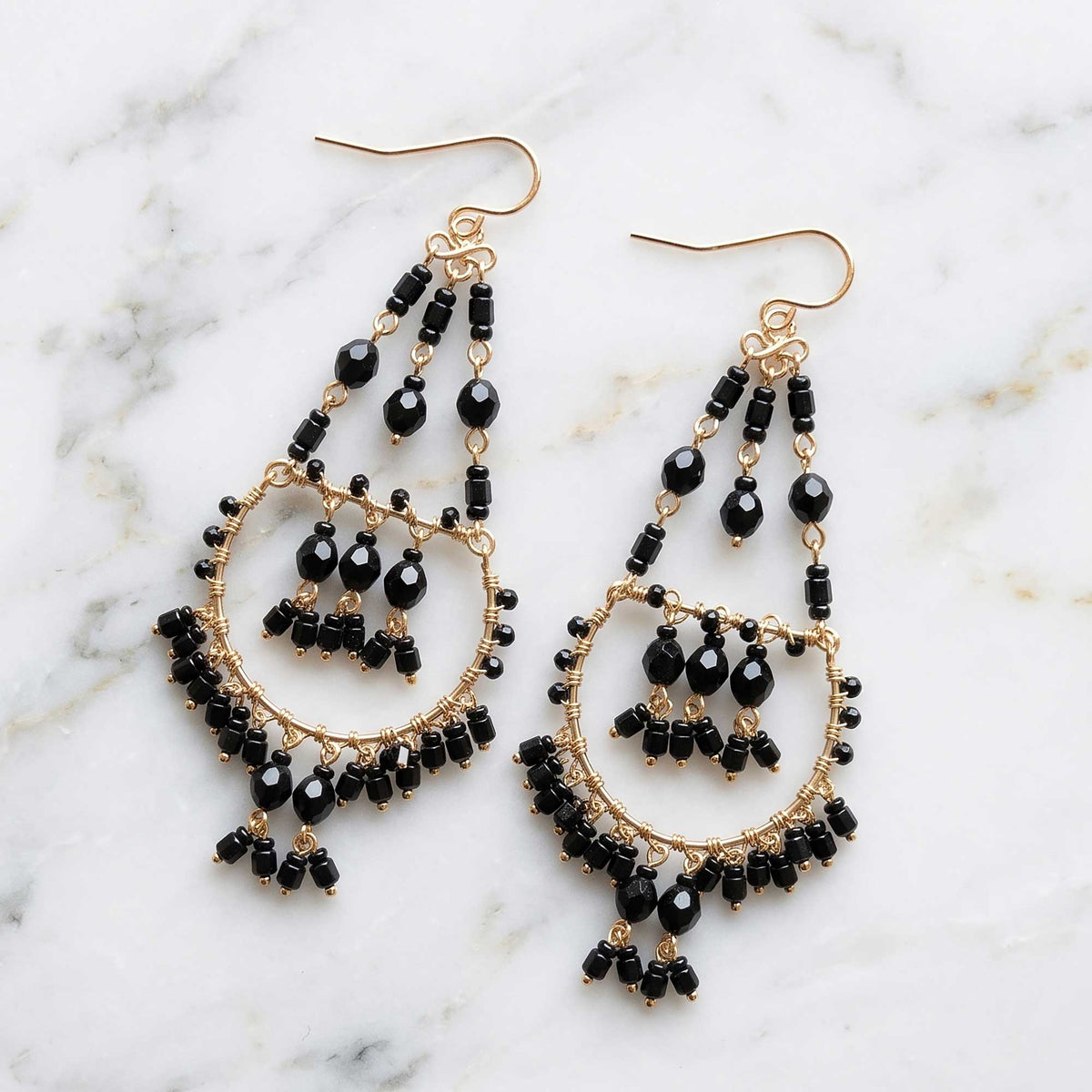 Black Stainless Steel Fire Polished Bead Double Hoop Chandelier Earrings - Gem Avenue Retail