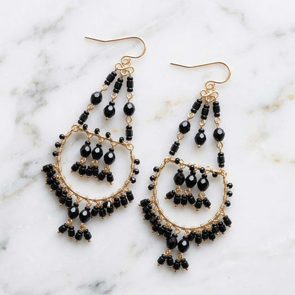 Black Stainless Steel Fire Polished Bead Double Hoop Chandelier Earrings - Gem Avenue Retail