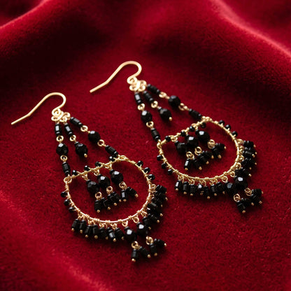Black Stainless Steel Fire Polished Bead Double Hoop Chandelier Earrings - Gem Avenue Retail
