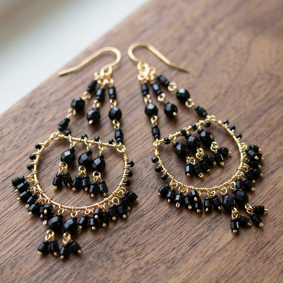 Black Stainless Steel Fire Polished Bead Double Hoop Chandelier Earrings - Gem Avenue Retail