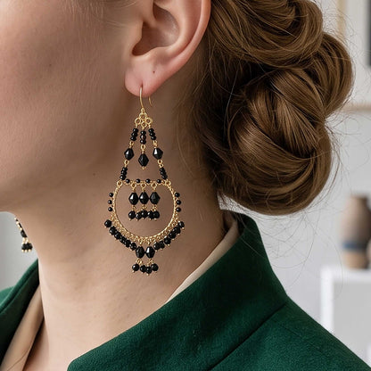Black Stainless Steel Fire Polished Bead Double Hoop Chandelier Earrings - Gem Avenue Retail
