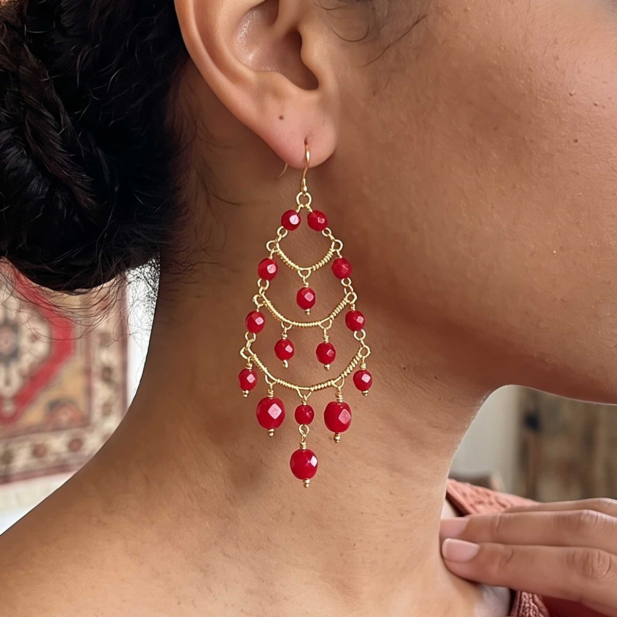 Cleopatra Stainless Steel Czech Bead Chandelier Earrings Gold Tone