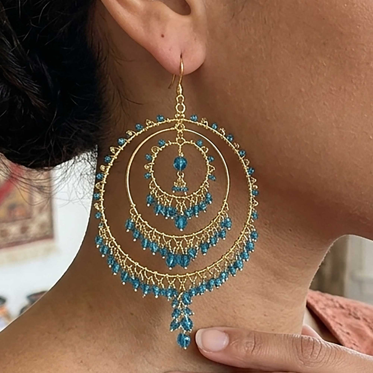 Teal Blue Stainless Steel Fire Polished Bead Chandelier Hoop Earrings - Gem Avenue Retail