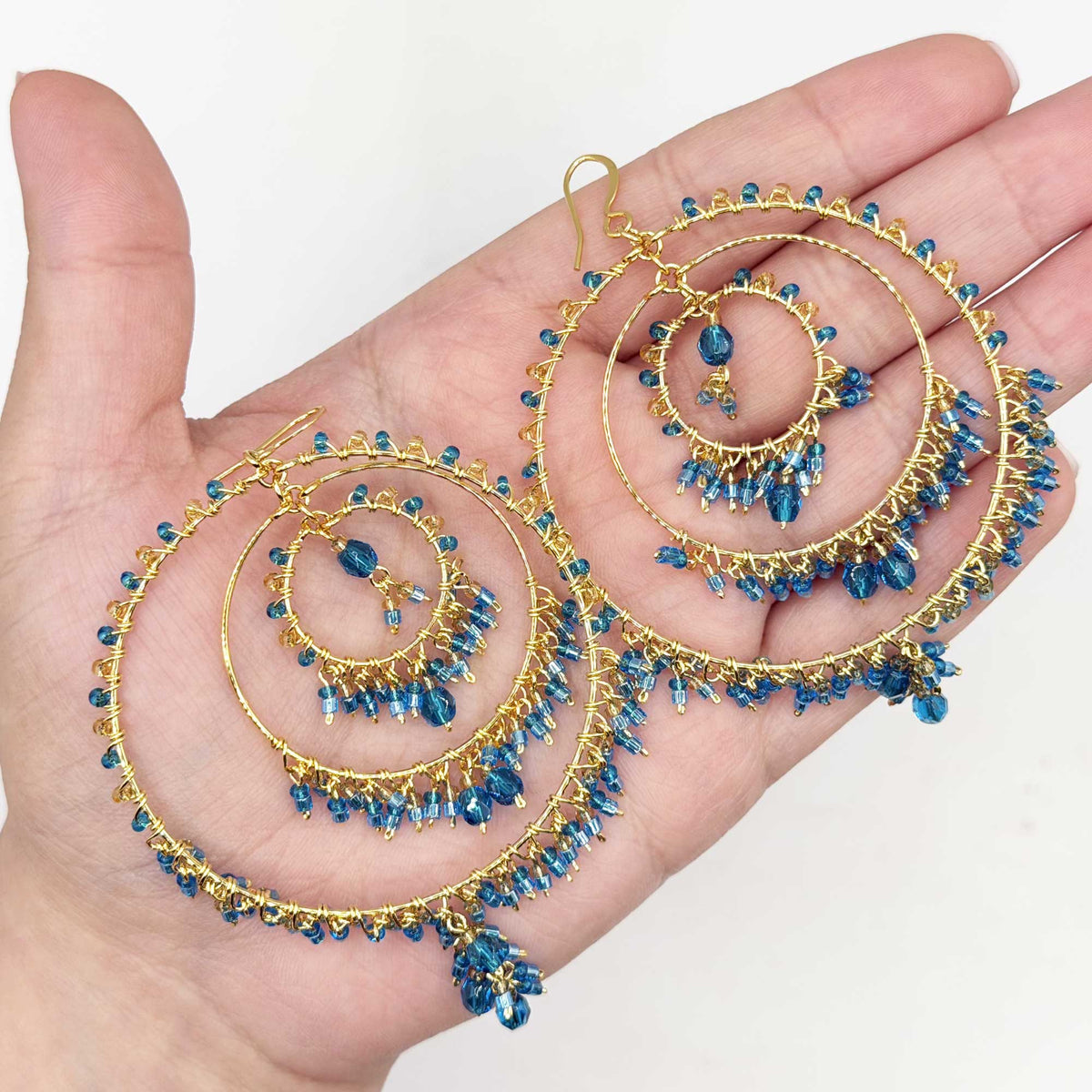 Teal Blue Stainless Steel Fire Polished Bead Chandelier Hoop Earrings - Gem Avenue Retail
