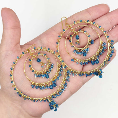 Teal Blue Stainless Steel Fire Polished Bead Chandelier Hoop Earrings - Gem Avenue Retail