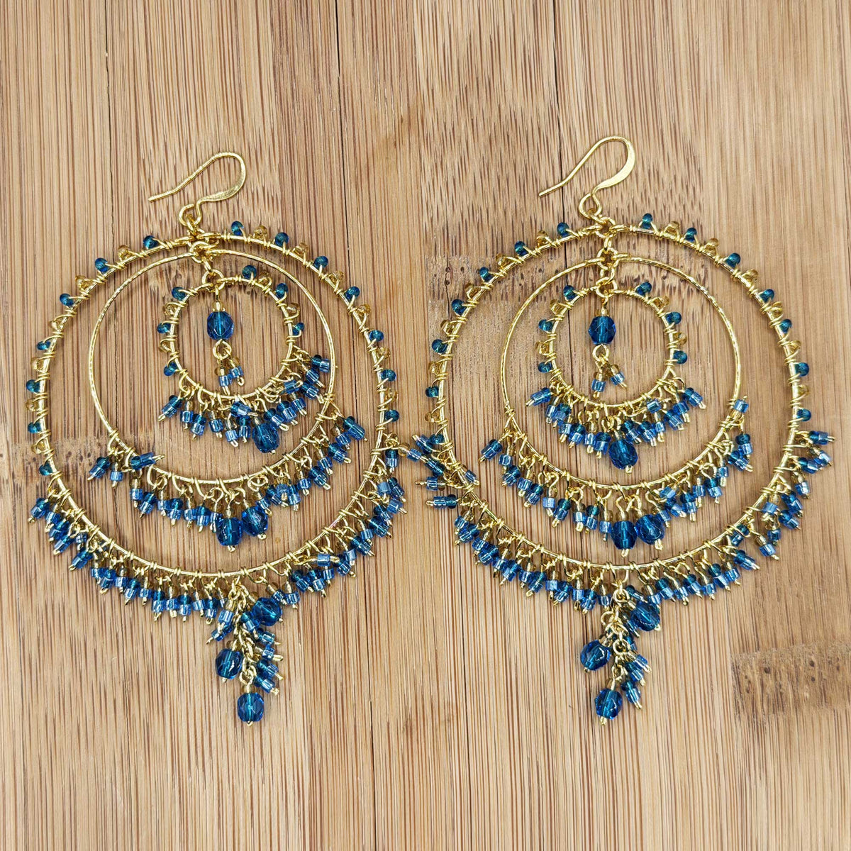 Teal Blue Stainless Steel Fire Polished Bead Chandelier Hoop Earrings - Gem Avenue Retail