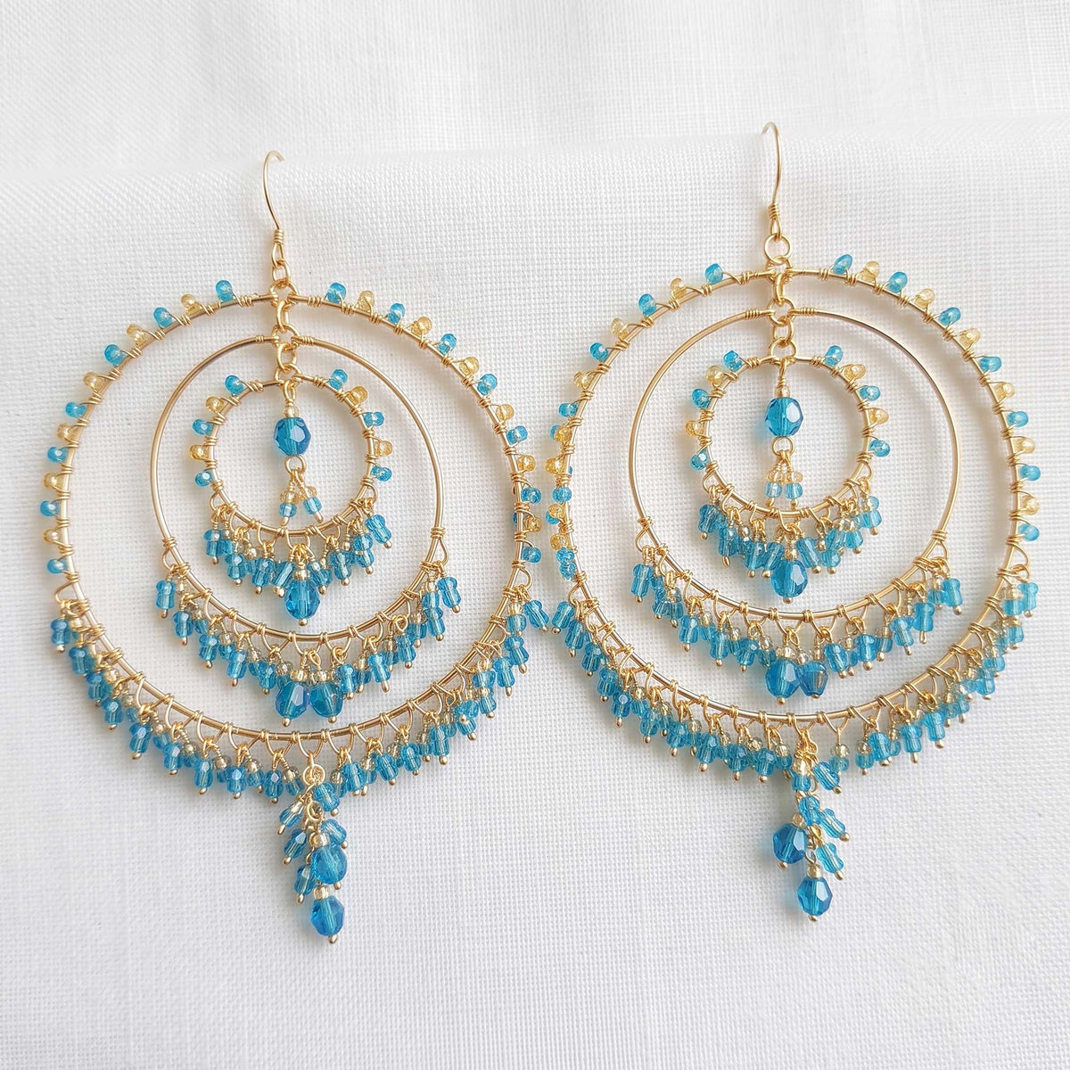 Teal Blue Stainless Steel Fire Polished Bead Chandelier Hoop Earrings - Gem Avenue Retail