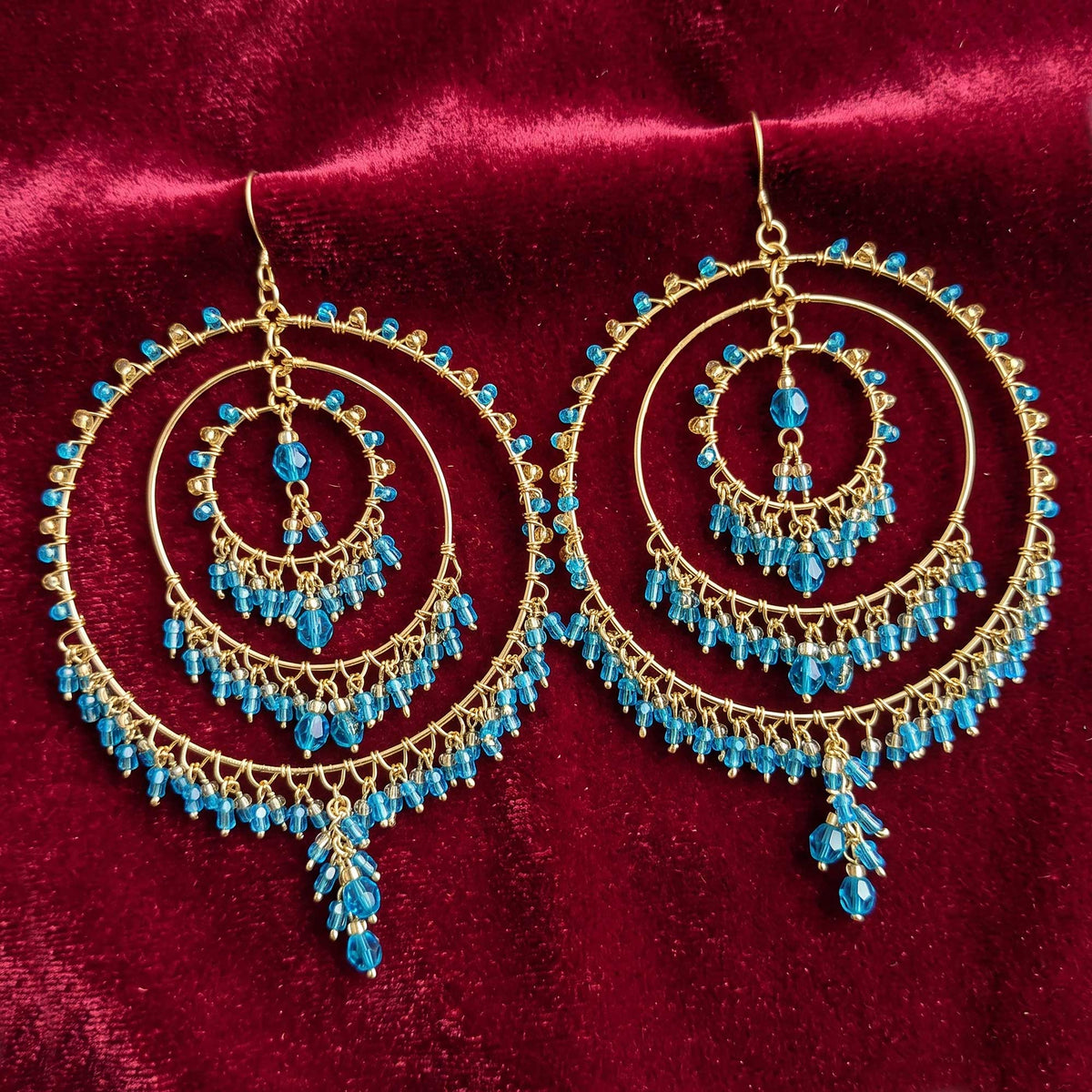 Teal Blue Stainless Steel Fire Polished Bead Chandelier Hoop Earrings - Gem Avenue Retail