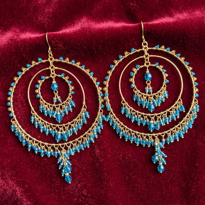 Teal Blue Stainless Steel Fire Polished Bead Chandelier Hoop Earrings - Gem Avenue Retail