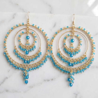 Teal Blue Stainless Steel Fire Polished Bead Chandelier Hoop Earrings - Gem Avenue Retail