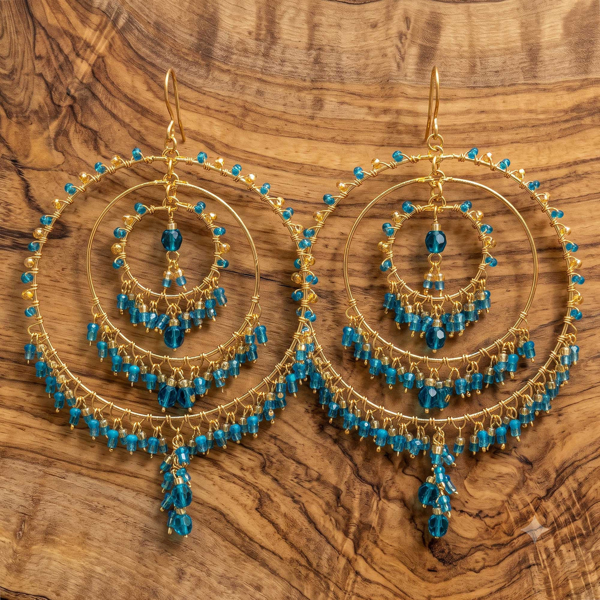 Teal Blue Stainless Steel Fire Polished Bead Chandelier Hoop Earrings - Gem Avenue Retail