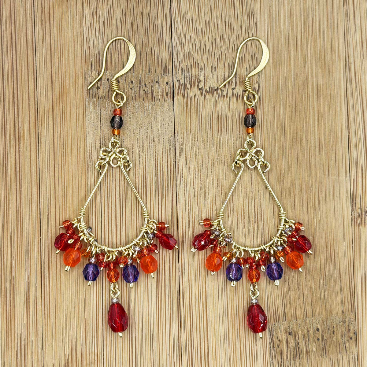 Chandelier Earrings Red Purple Fire Polished Beads Boho Dangle Earrings - Gem Avenue Retail