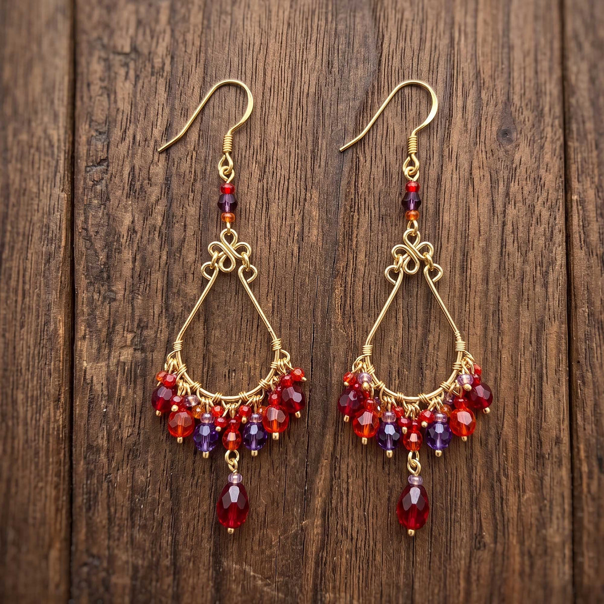 Chandelier Earrings Red Purple Fire Polished Beads Boho Dangle Earrings - Gem Avenue Retail