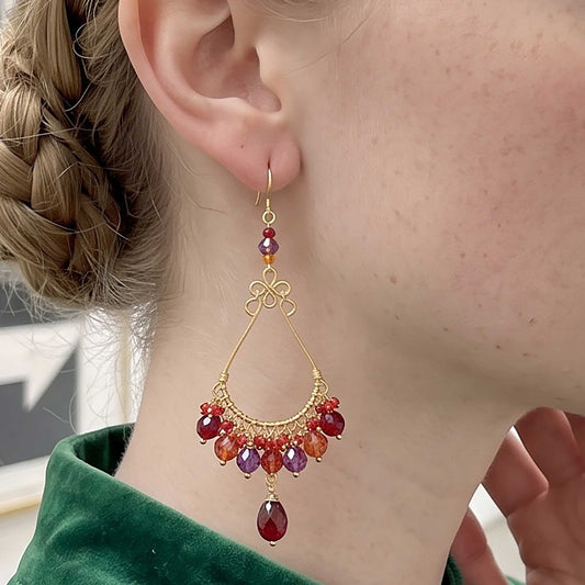 Chandelier Earrings Red Purple Fire Polished Beads Boho Dangle Earrings - Gem Avenue Retail
