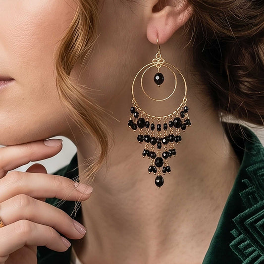 Chandelier Earrings Black Fire Polished Beads Boho Dangle Earrings - Gem Avenue Retail