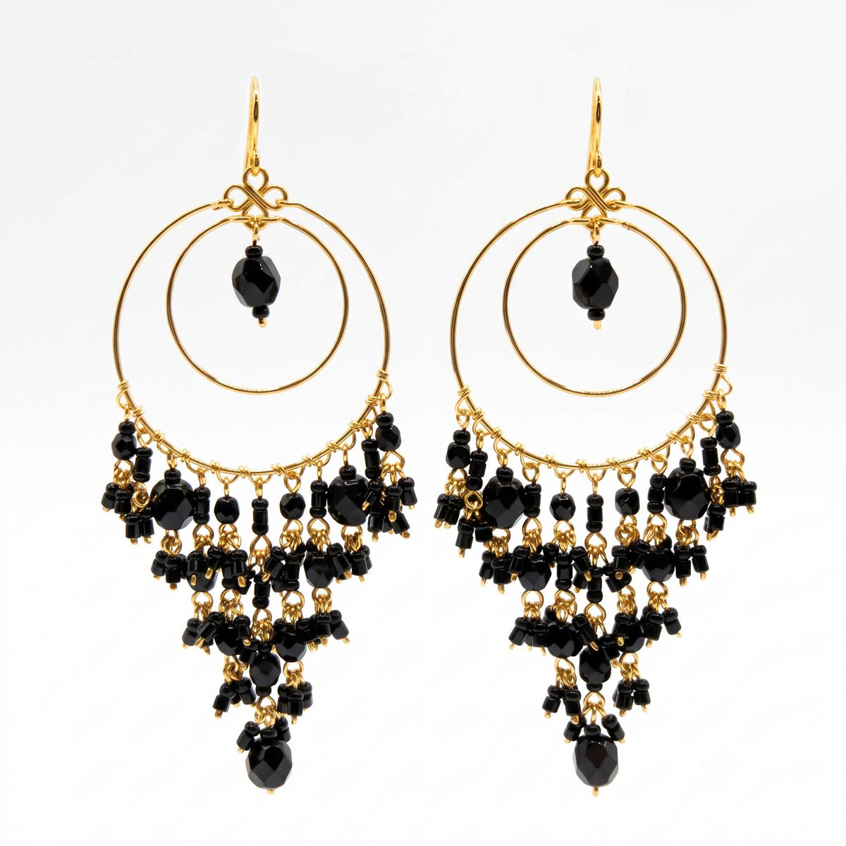Chandelier Earrings Stainless Steel, Black Fire Polished Bead Dangle Earrings, Gold Tone Hoop Boho Statement Jewelry 3"