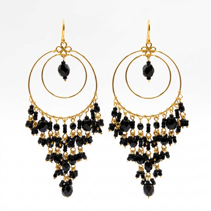 Chandelier Earrings Stainless Steel, Black Fire Polished Bead Dangle Earrings, Gold Tone Hoop Boho Statement Jewelry 3"