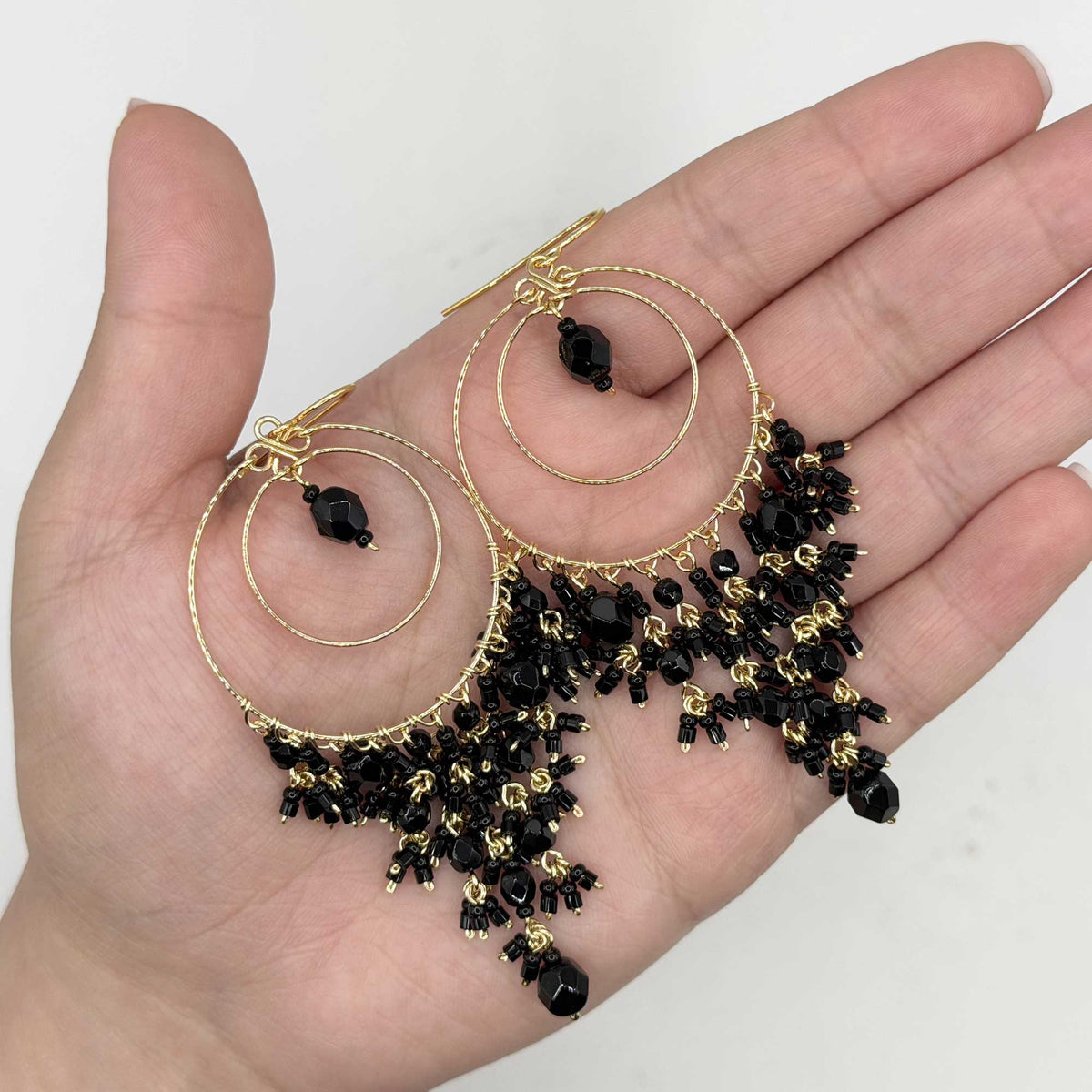 Chandelier Earrings Stainless Steel, Black Fire Polished Bead Dangle Earrings, Gold Tone Hoop Boho Statement Jewelry 3"