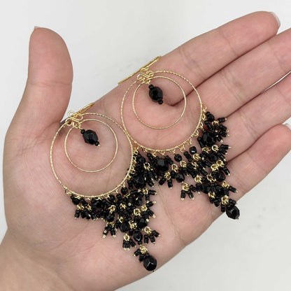 Chandelier Earrings Stainless Steel, Black Fire Polished Bead Dangle Earrings, Gold Tone Hoop Boho Statement Jewelry 3"