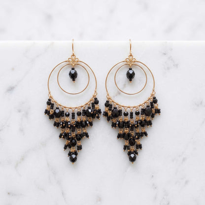 Chandelier Earrings Stainless Steel, Black Fire Polished Bead Dangle Earrings, Gold Tone Hoop Boho Statement Jewelry 3"