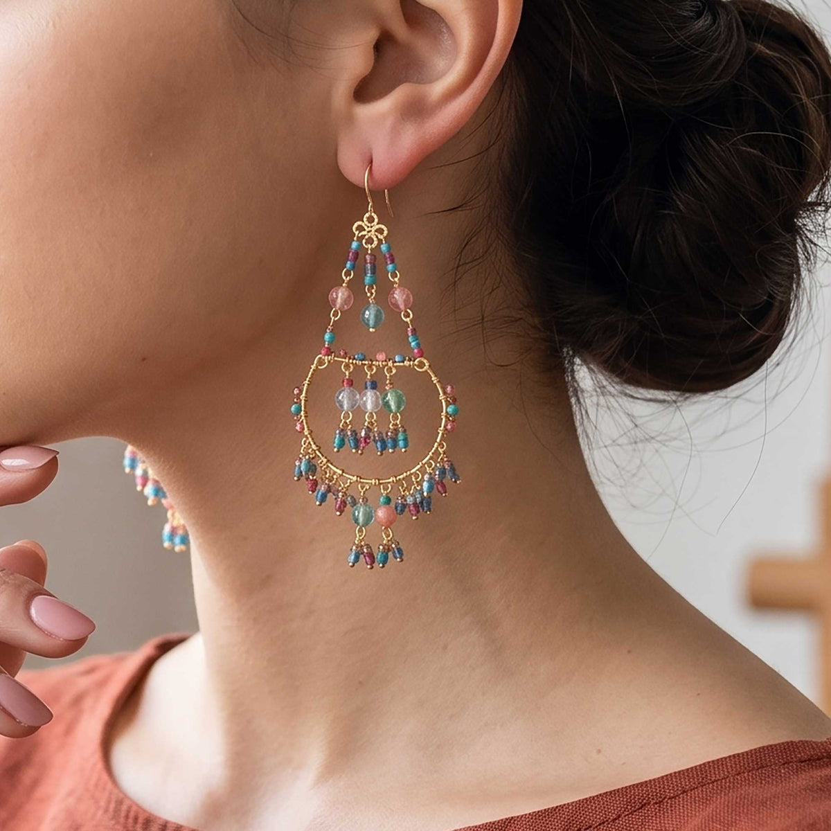 Chandelier Earrings Multicolor Fire Polished Beads Boho Dangle Earrings - Gem Avenue Retail