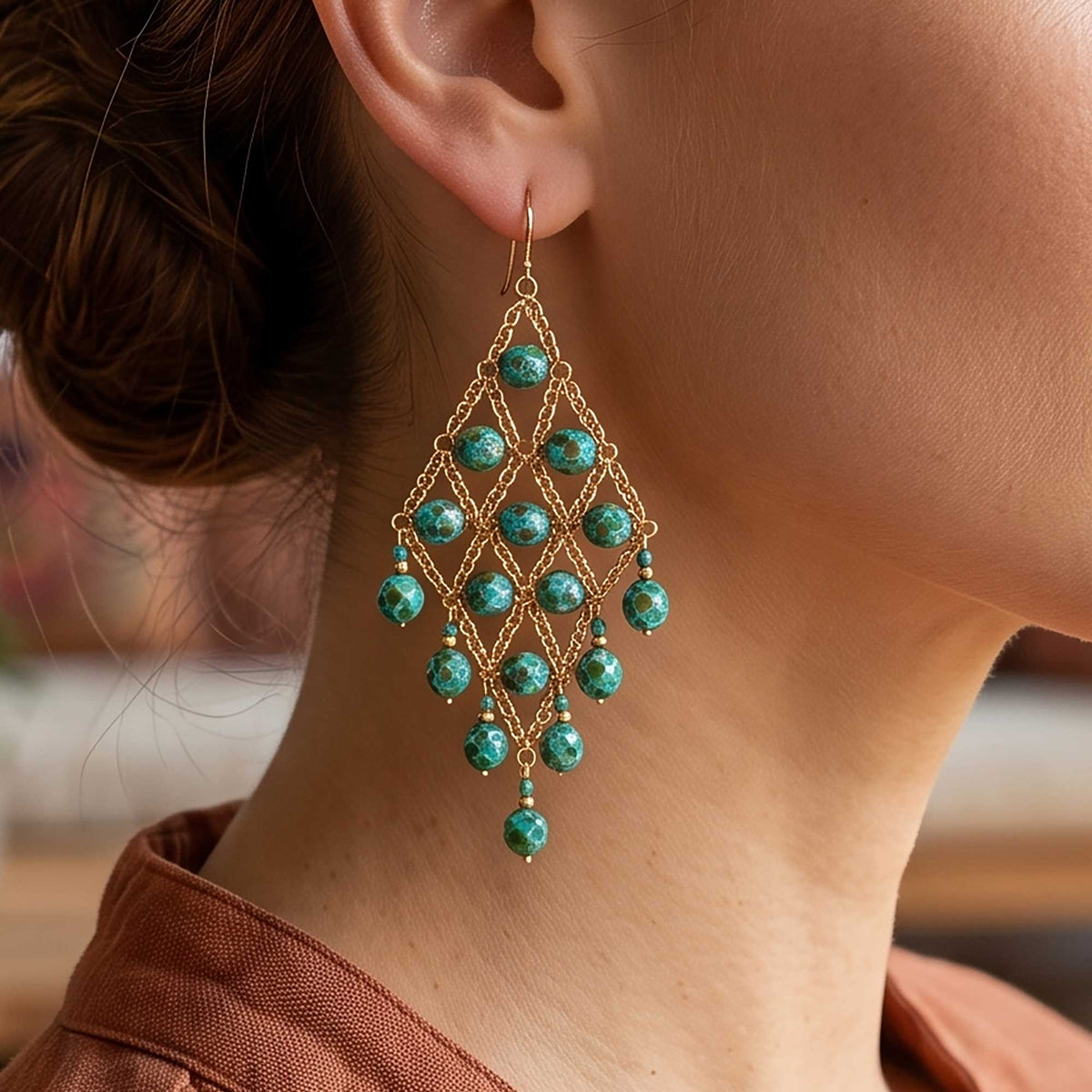 Dark Green Czech Beaded Chandelier Earrings Stainless Steel Boho Jewelry