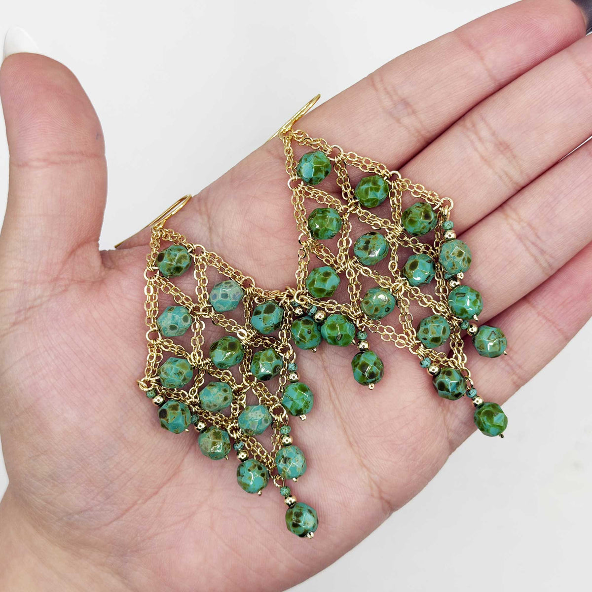 Dark Green Czech Beaded Chandelier Earrings Stainless Steel Boho Jewelry