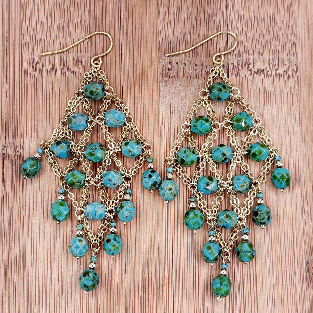 Dark Green Czech Beaded Chandelier Earrings Stainless Steel Boho Jewelry