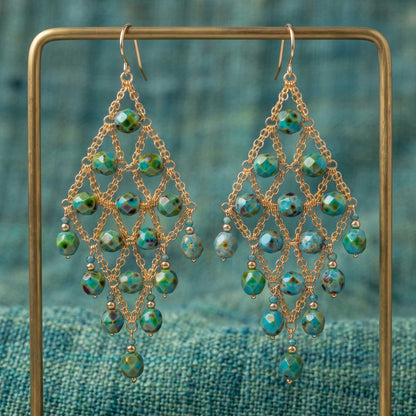 Dark Green Czech Beaded Chandelier Earrings Stainless Steel Boho Jewelry