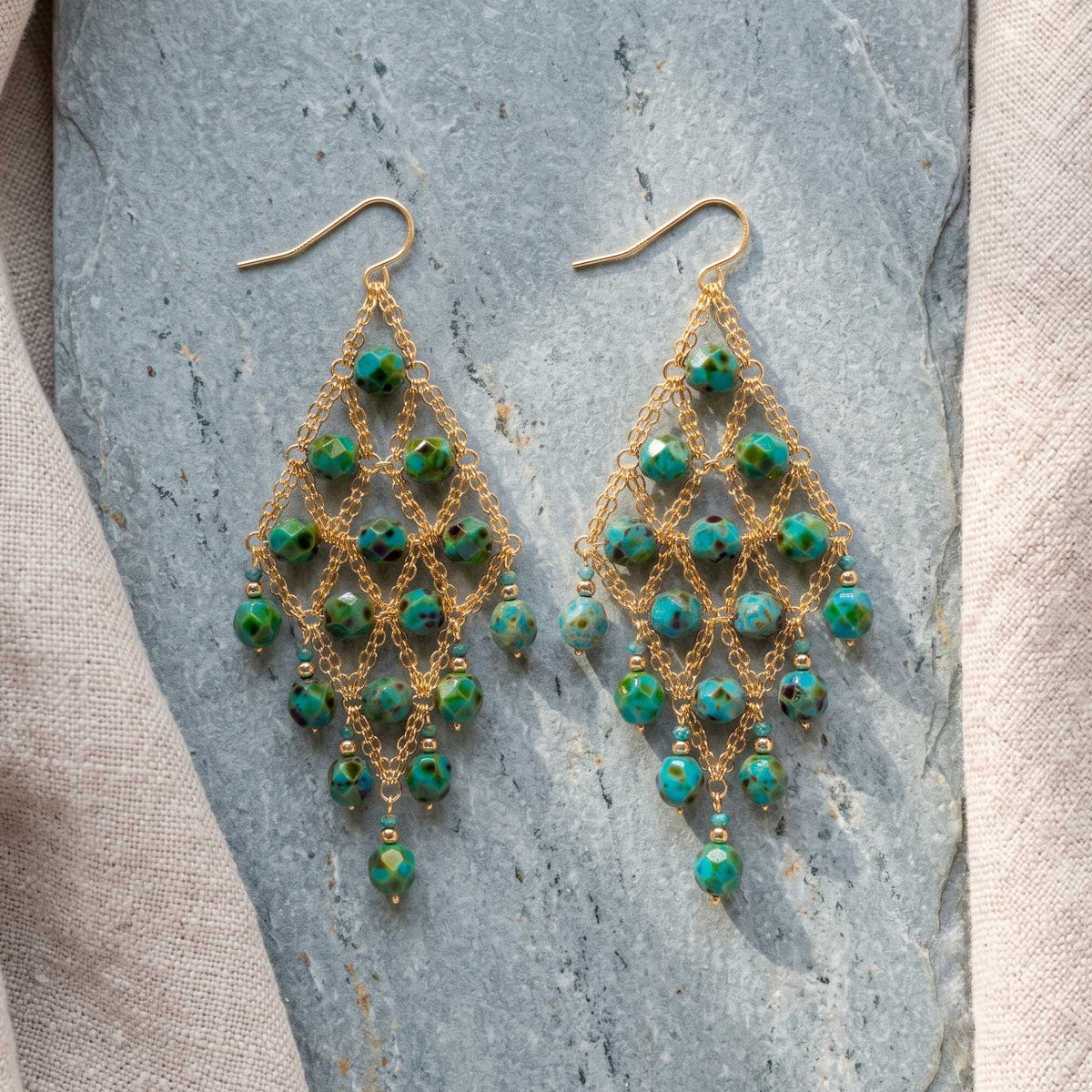 Dark Green Czech Beaded Chandelier Earrings Stainless Steel Boho Jewelry
