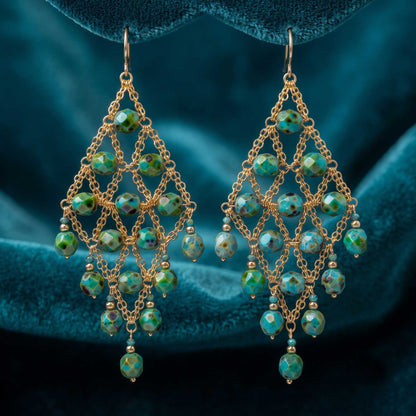 Dark Green Czech Beaded Chandelier Earrings Stainless Steel Boho Jewelry