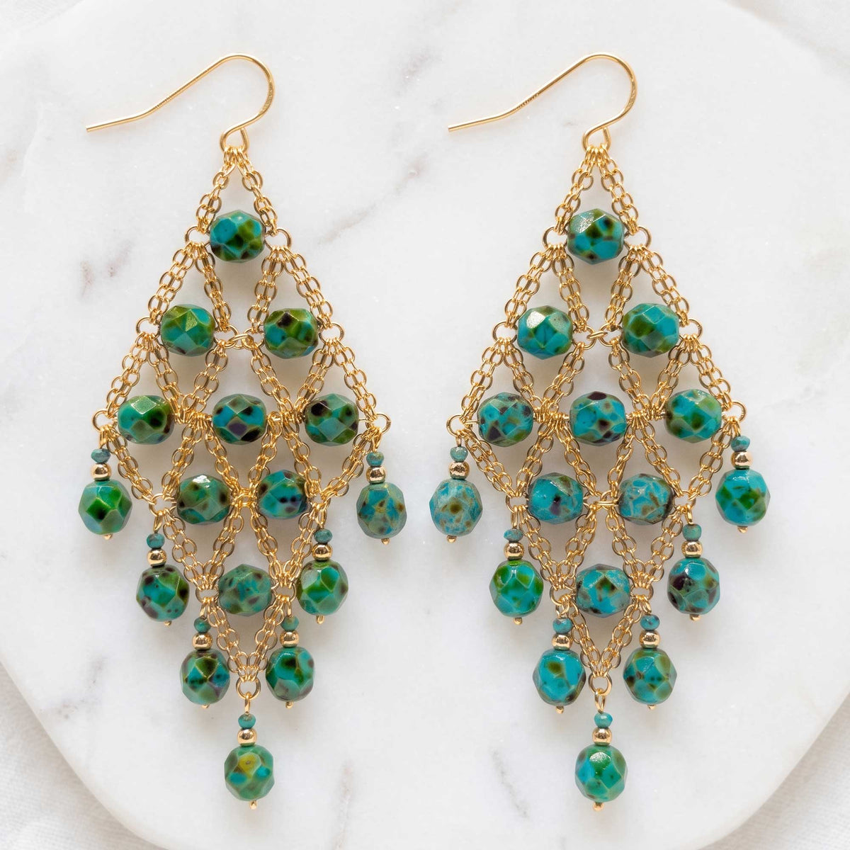Dark Green Czech Beaded Chandelier Earrings Stainless Steel Boho Jewelry