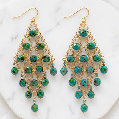 Dark Green Czech Beaded Chandelier Earrings Stainless Steel Boho Jewelry