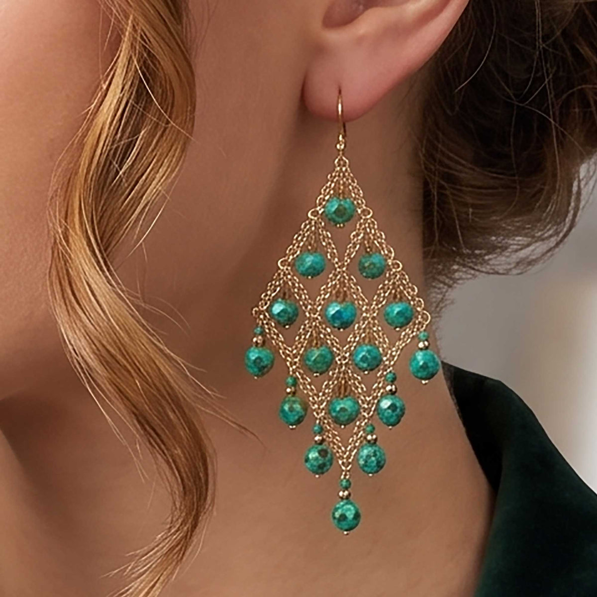 Dark Green Czech Beaded Chandelier Earrings Stainless Steel Boho Jewelry