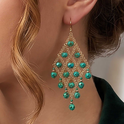 Dark Green Czech Beaded Chandelier Earrings Stainless Steel Boho Jewelry