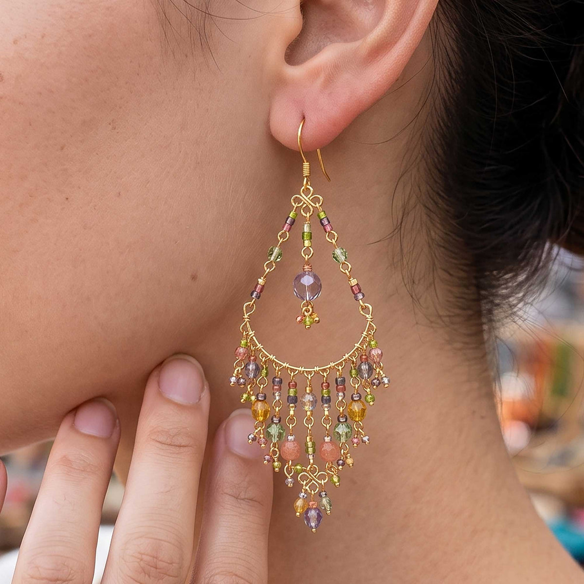 Multicolor Fire Polished Beaded Chandelier Earrings Stainless Steel - Gem Avenue Retail