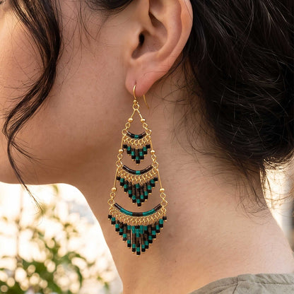 Dark Green Czech Beaded Chandelier Earrings Stainless Steel - Gem Avenue Retail
