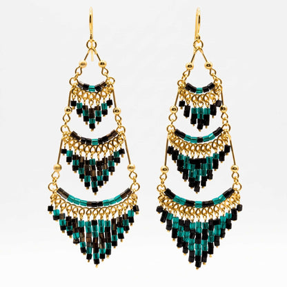 Dark Green Czech Beaded Chandelier Earrings Stainless Steel - Gem Avenue Retail